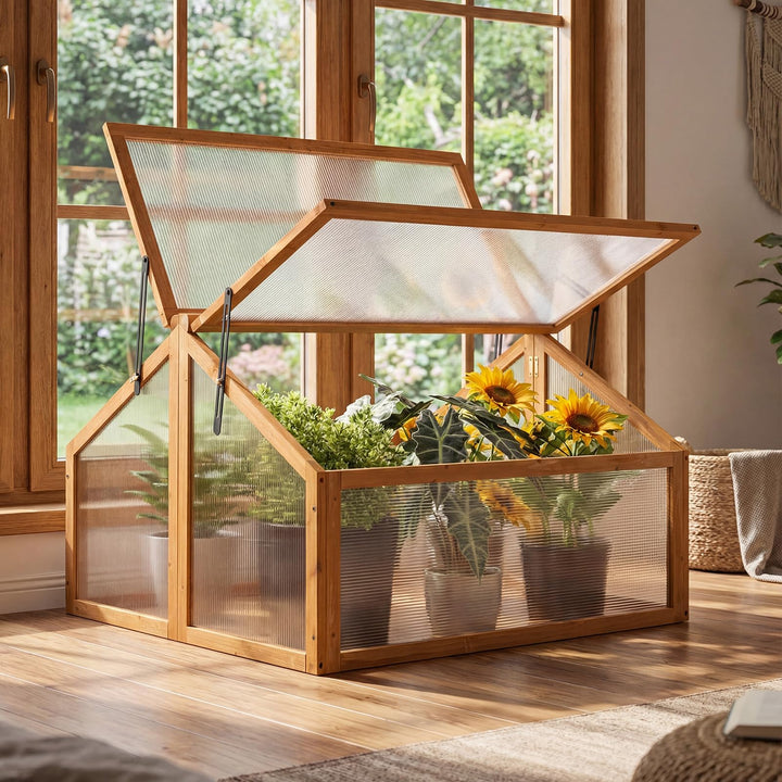 Ginatex Wood Cold Frame Greenhouse Portable Raised Flower Planter Protection with Transparent Openable Roof