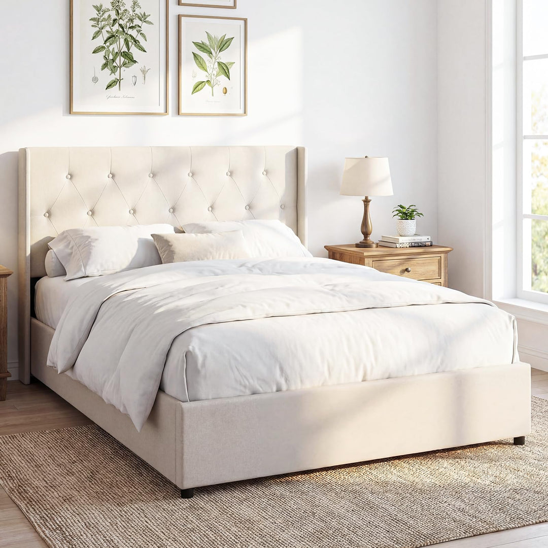 Giantex Modern Linen Upholstered Platform w/Button Tufted Wingback Headboard &amp; Hydraulic Support