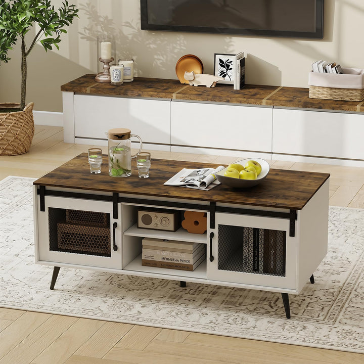 Giantex 48" Farmhouse Coffee Table with Sliding Doors &amp; Adjustable Shelf
