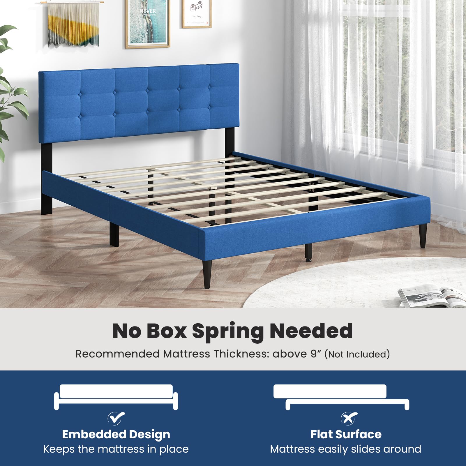 Giantex Platform Bed Frame with Button Tufted Headboard and Wooden Slats