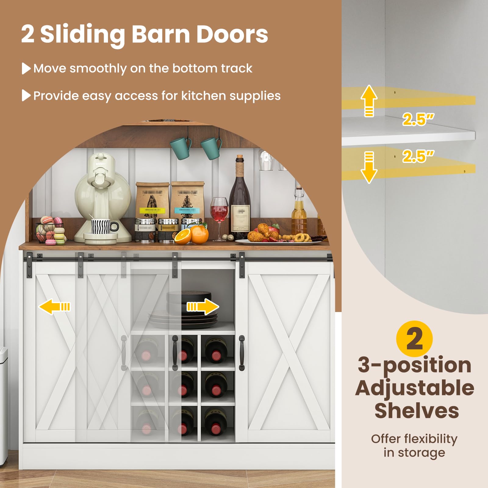 Giantex Farmhouse Buffet Cabinet with Hutch, Charging Station, 9 Bottle Wine Rack, Cup Glass Holder