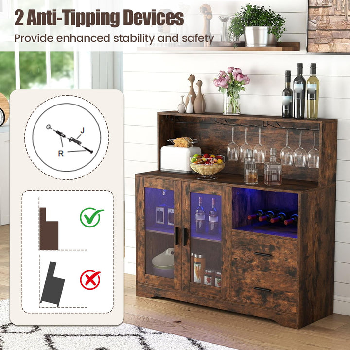 GIANTEX Wine Bar Cabinet with LED Lights &amp; Charging Station