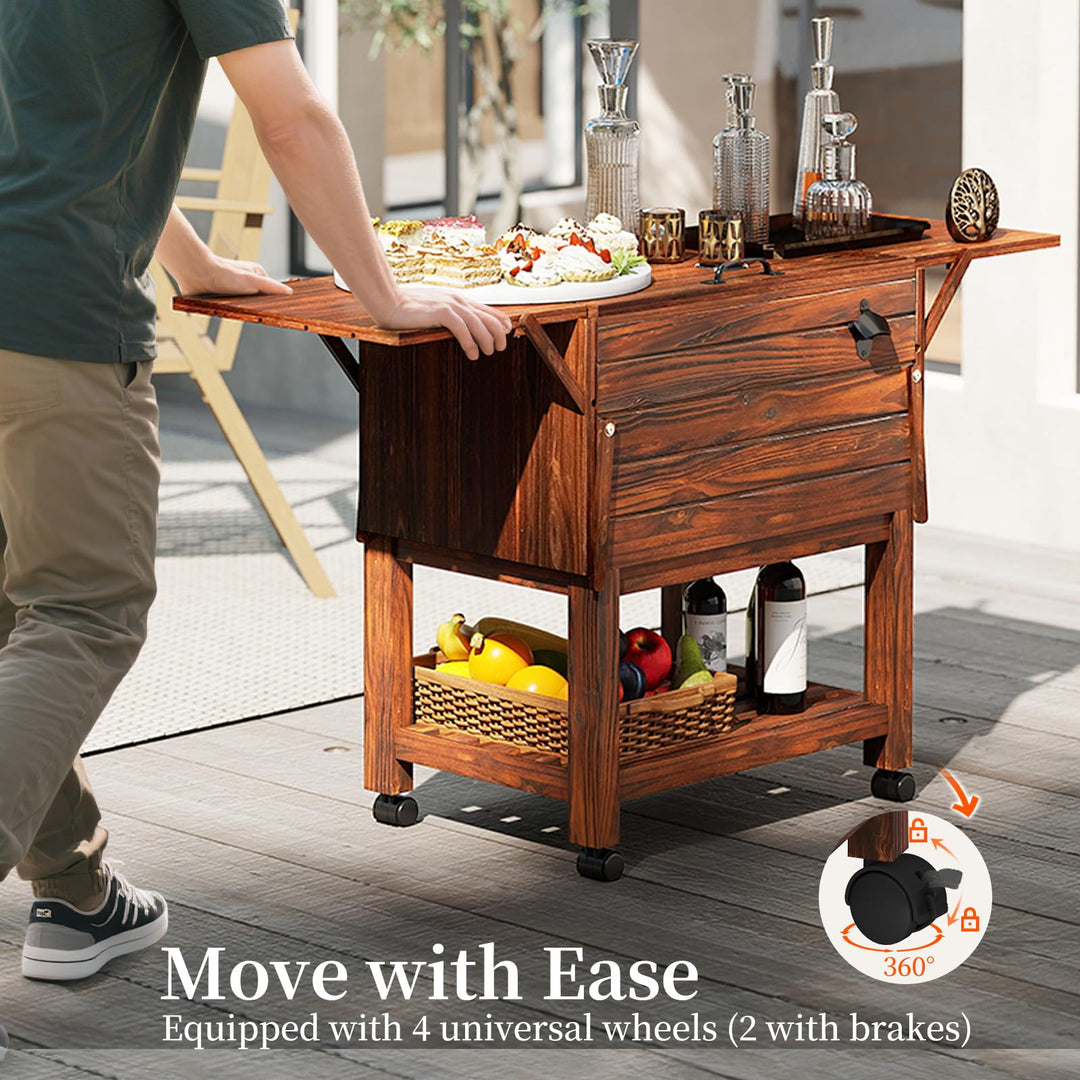 Giantex Wooden Rolling Ice Chest with Foldable Side Shelves