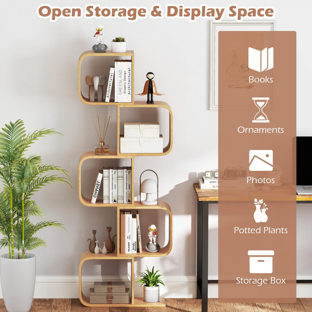 Giantex 5-Tier S-Shaped Bookcase Bamboo Bookshelf with Open Cubes