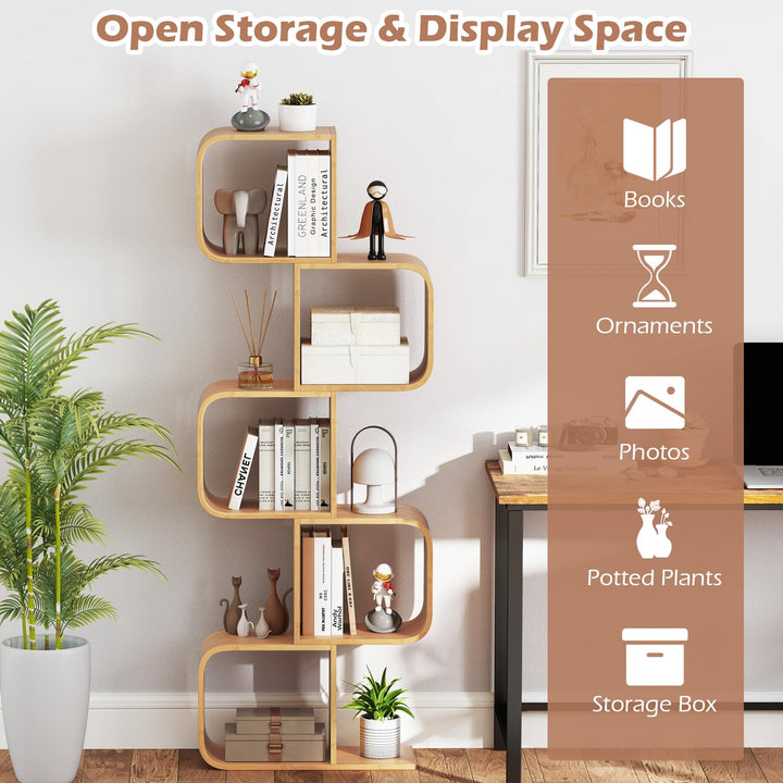 Giantex 5-Tier S-Shaped Bookcase Bamboo Bookshelf with Open Cubes