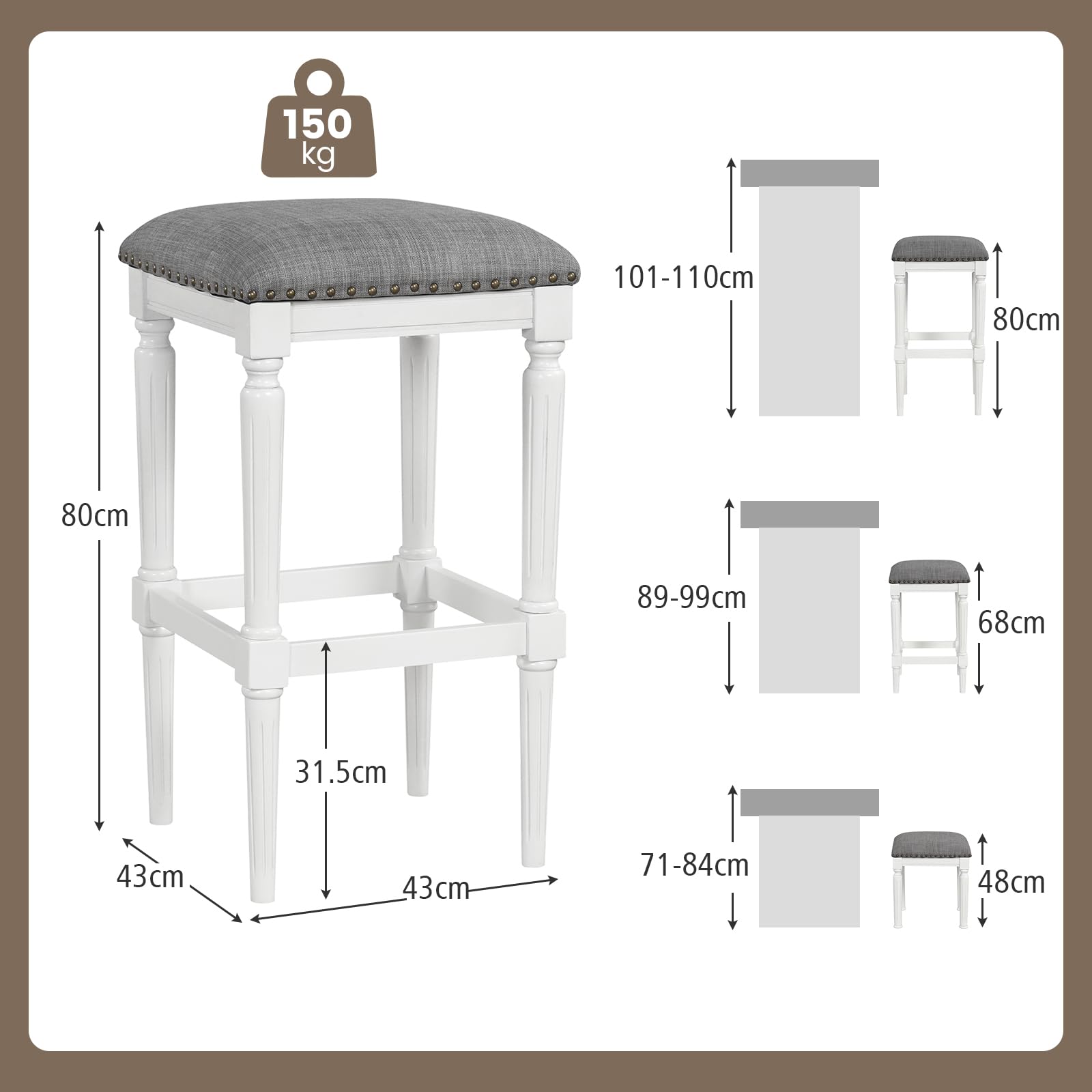 Giantex Bar Stools Set of 2, 3-Height Adjustable 19"/27"/31" Wood Barstools with Padded Seat