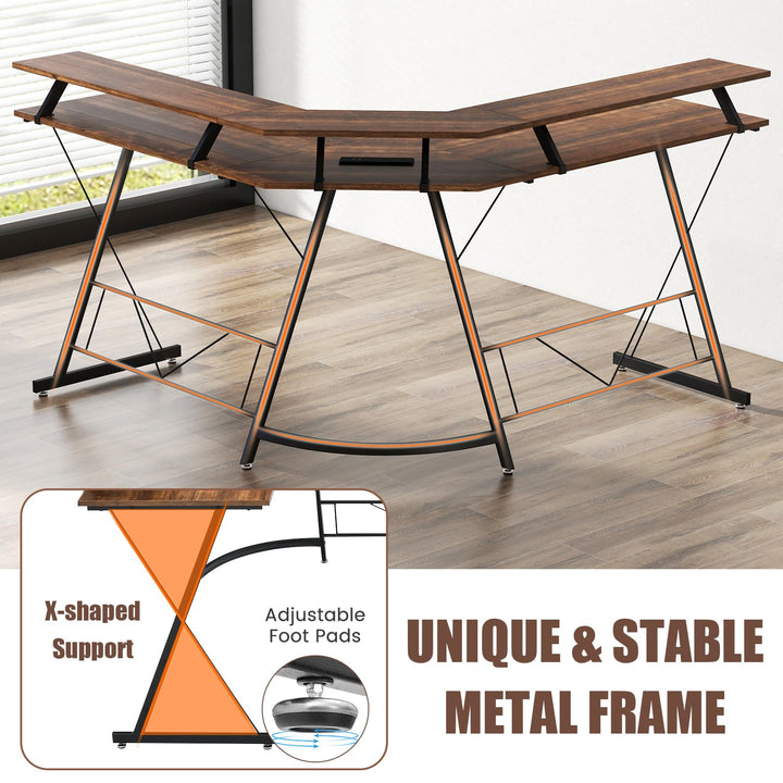 Giantex L Shaped Computer Desk with Power Outlet, 51" Corner Computer Desk with Monitor Stand and Reversible Keyboard Tray