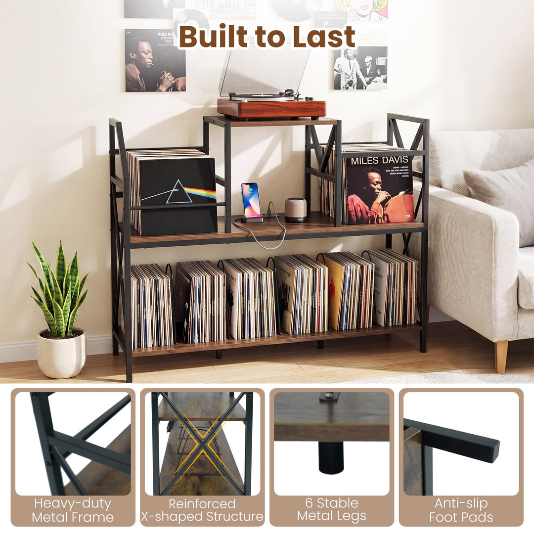 Giantex Large Record Player Stand with Charging Station &amp; Dividers for Albums