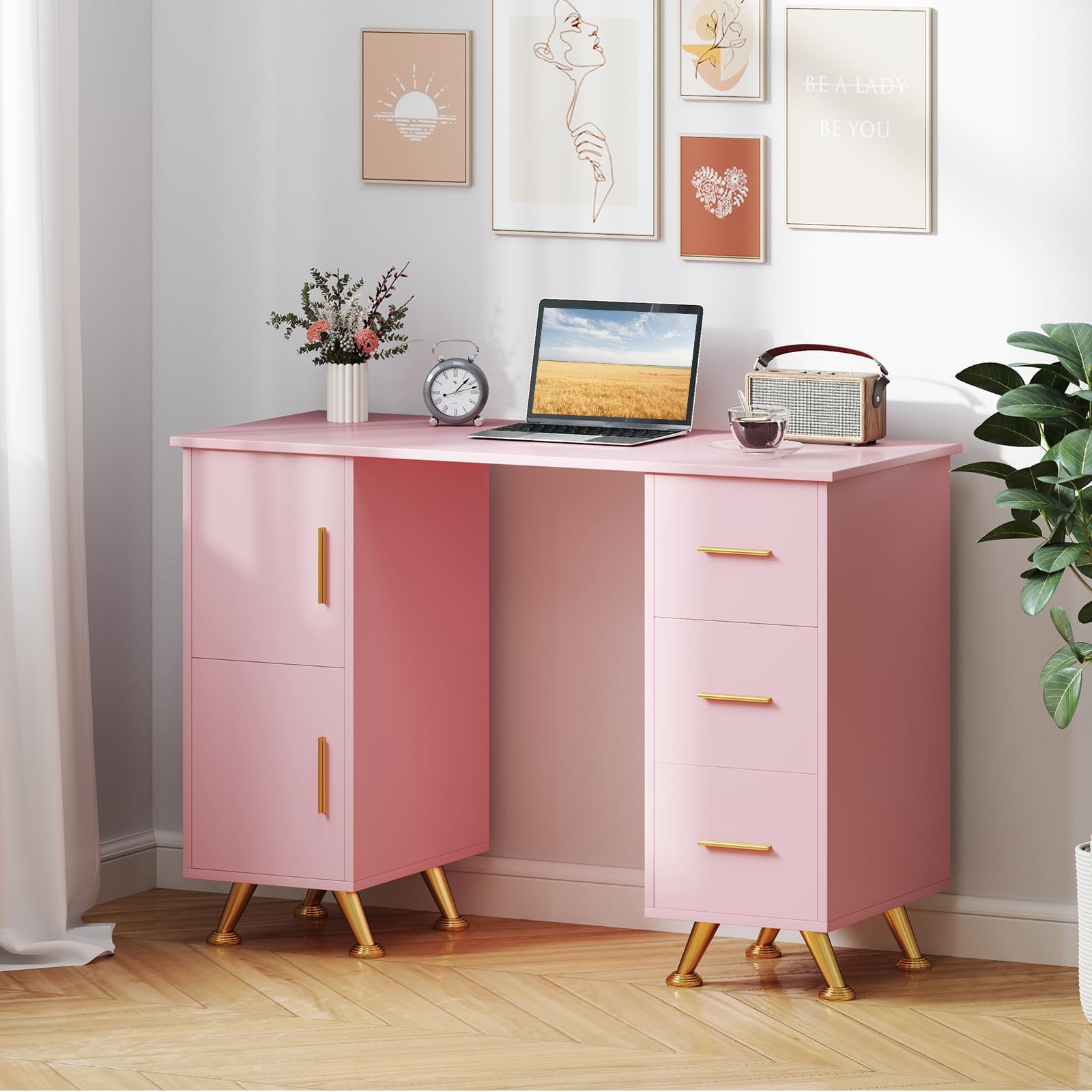 Giantex Manicure Table Nail Desk - Nail Table Station with 3 Drawers, 2 Storage Cabinet, Wrist Rest