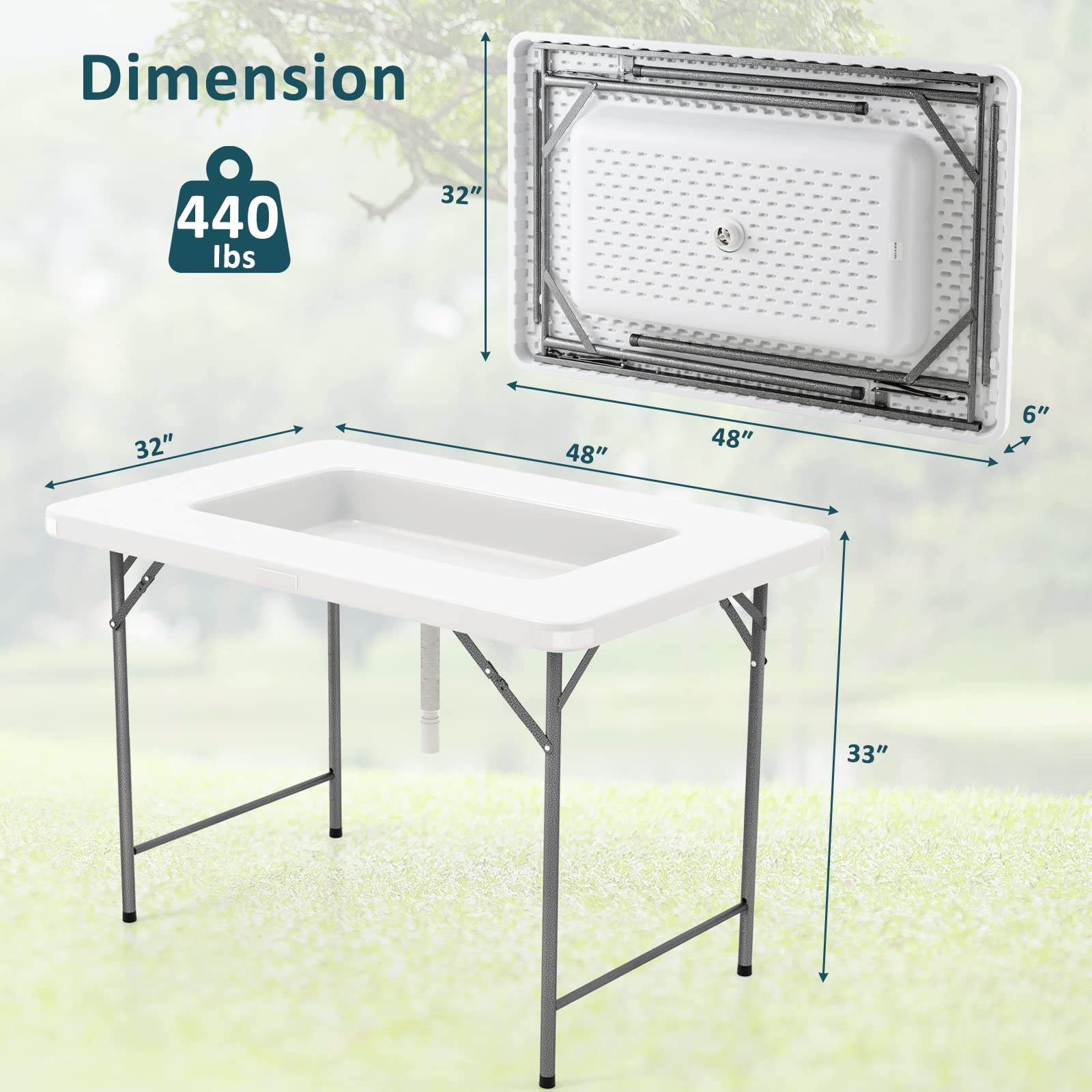 Giantex 4Ft Folding Ice Cooler Table with Drain - No Assembly Ice Bin Table with Edge and Removable Matching Skit