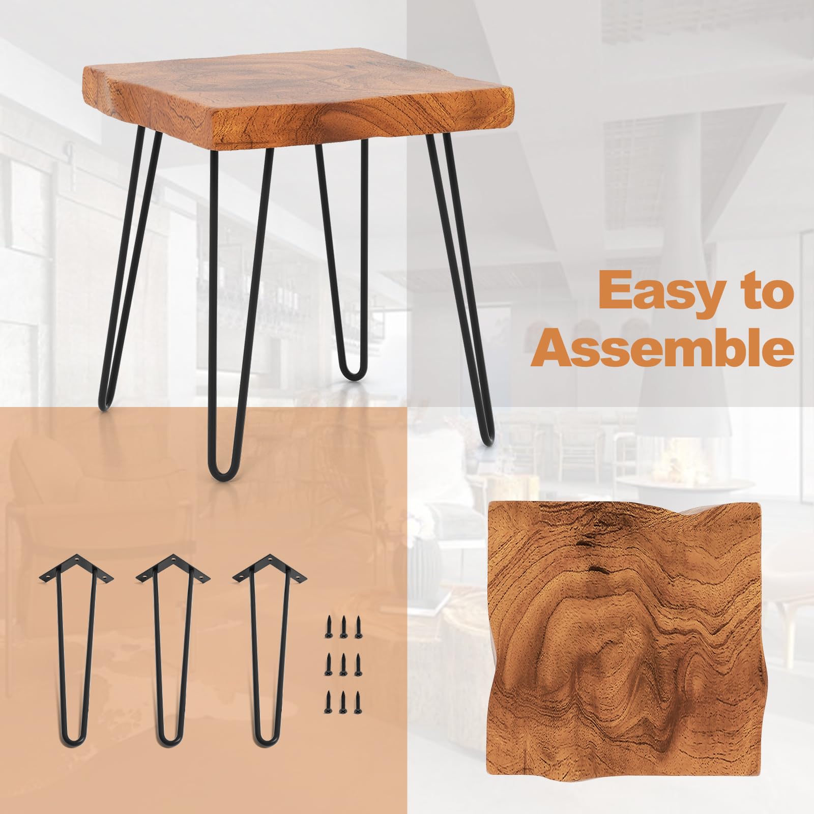 Giantex Teak Wood End Table, Solid Live Edge Outdoor Side Table w/Natural Grain & Heavy-Duty Metal Legs