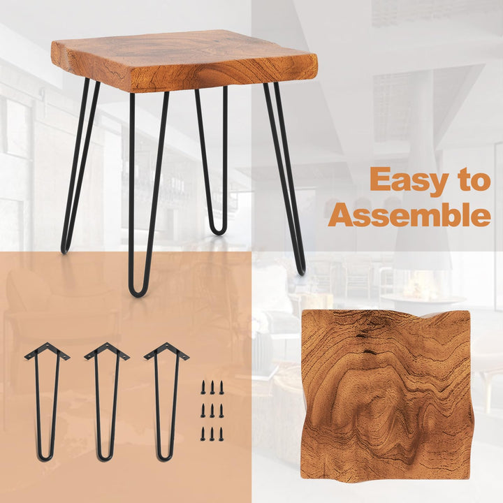 Giantex Teak Wood End Table, Solid Live Edge Outdoor Side Table w/Natural Grain & Heavy-Duty Metal Legs