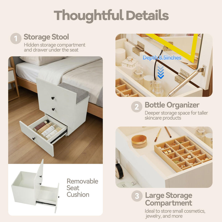 CHARMAID 3-in-1 Vanity Desk with Flip-Top LED Mirror