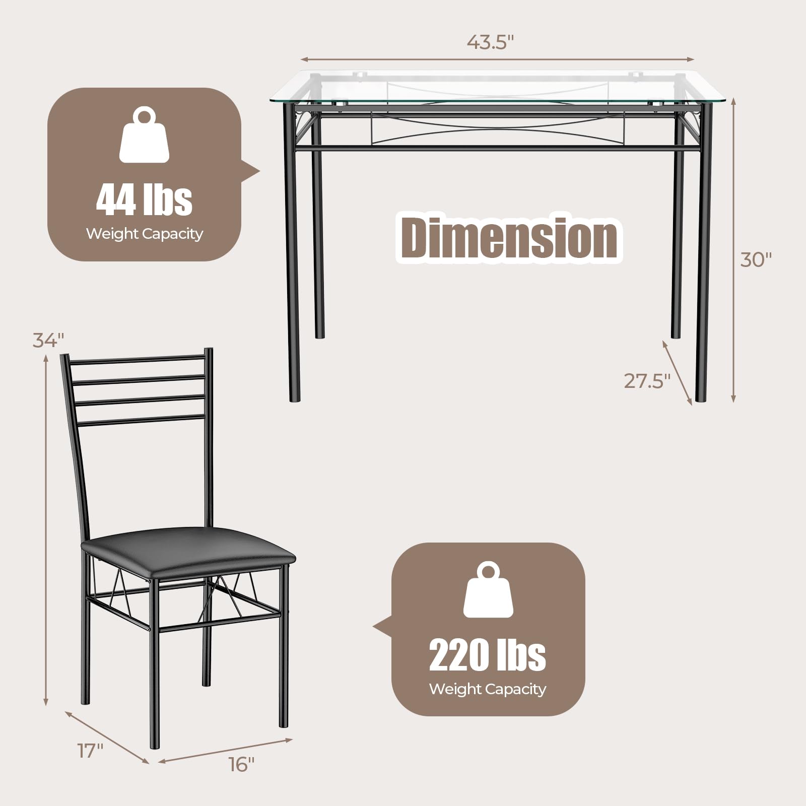 Giantex 5 Piece Dining Table Set, Kitchen Dining Set with Tempered Glass Table Top and 4 Upholstered Chairs (Black)