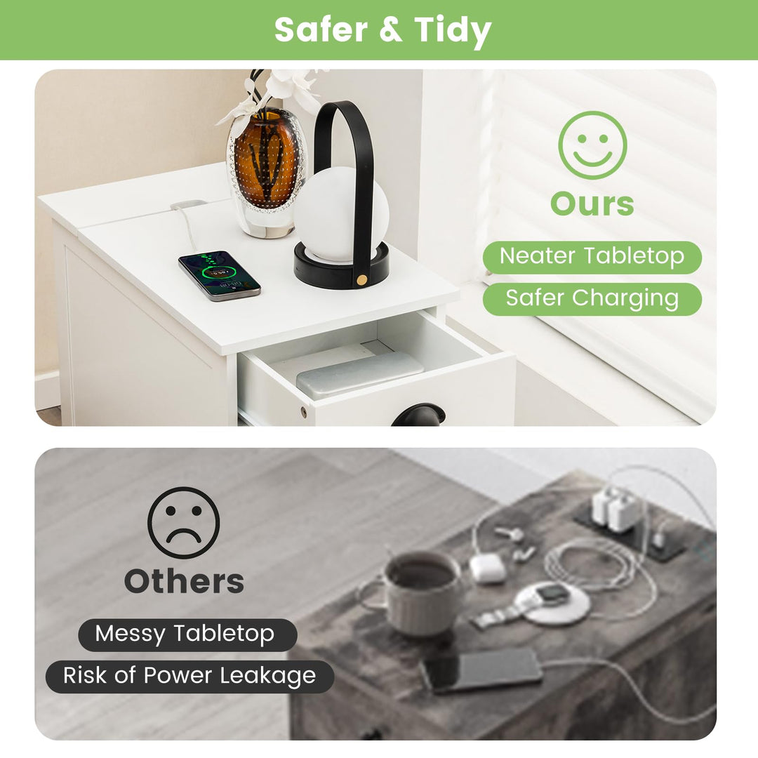 Giantex End Table with Charging Station Set of 2, Flip Top Side Table with USB Ports and Outlets, White