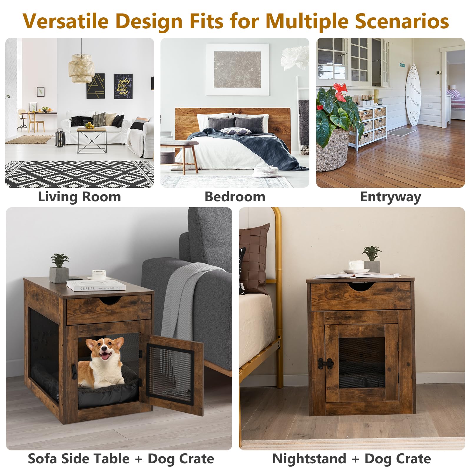 Giantex Dog Crate Side Table - Wooden Dog Kennel with Removable Cushion (Wood Color)