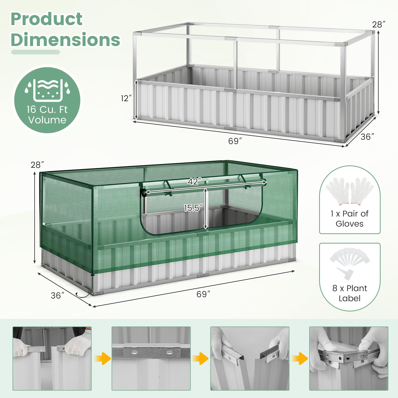 Giantex 69”x36”x28” Raised Garden Bed with Cover, 16.5 Cu.Ft Galvanized Steel Planter Box Kit