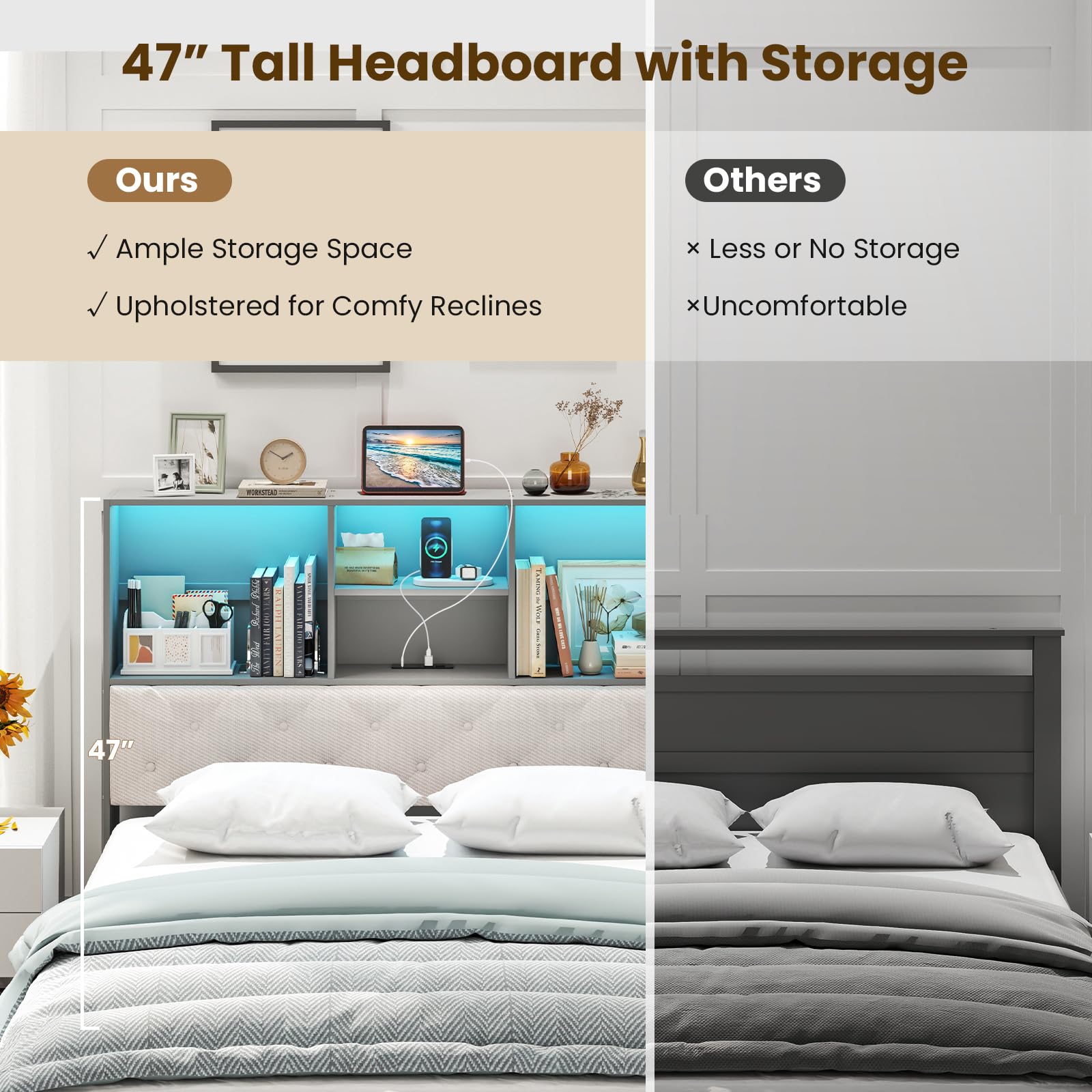 Giantex Gray Full Size Bed Frame with Upholstered Bookcase Headboard