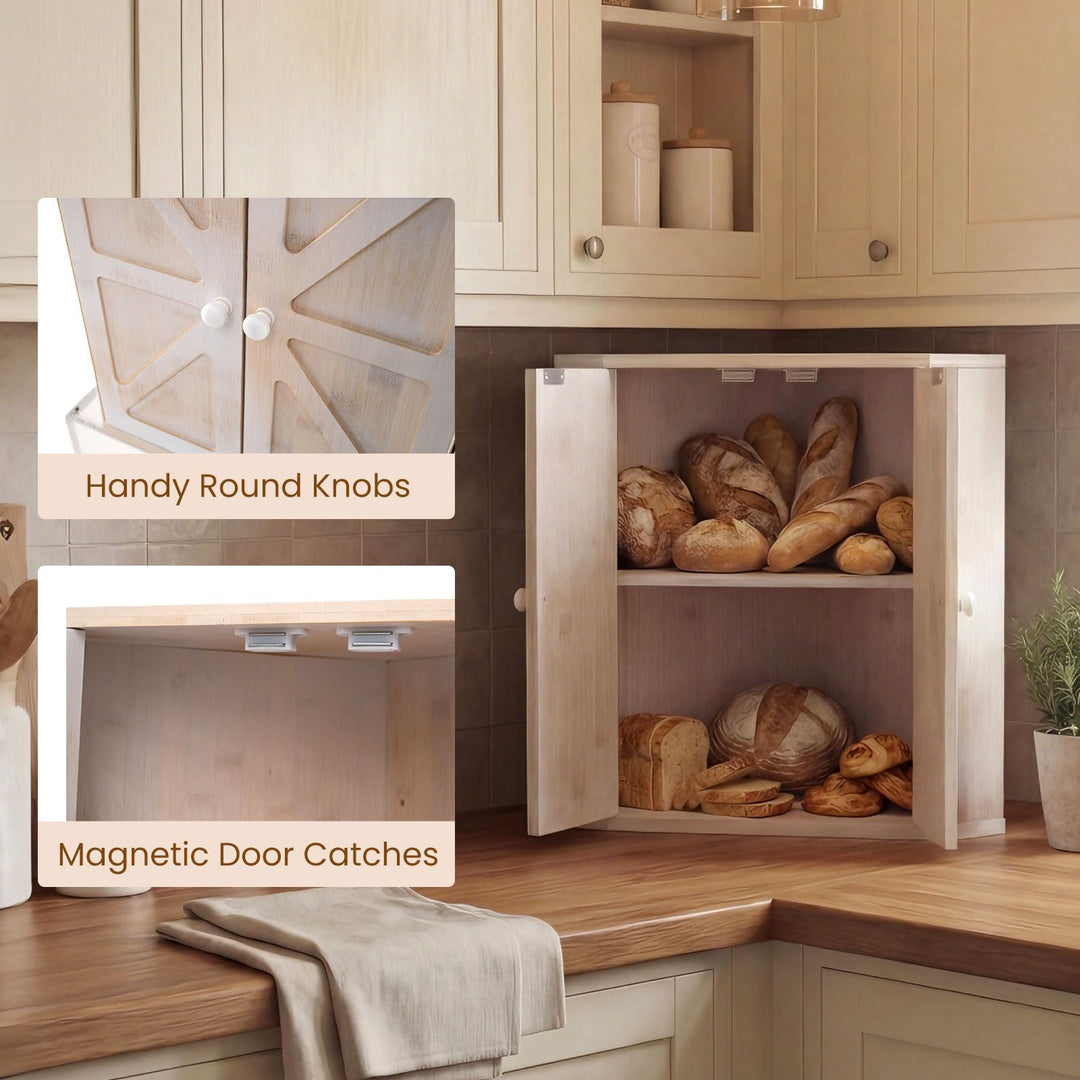 Giantex Corner Bread Box for Kitchen Countertop | Bamboo Wood Storage Bin with 2-Tier Pantry Shelves