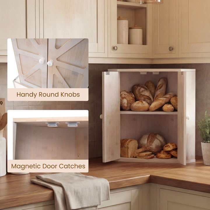 Giantex Corner Bread Box for Kitchen Countertop | Bamboo Wood Storage Bin with 2-Tier Pantry Shelves