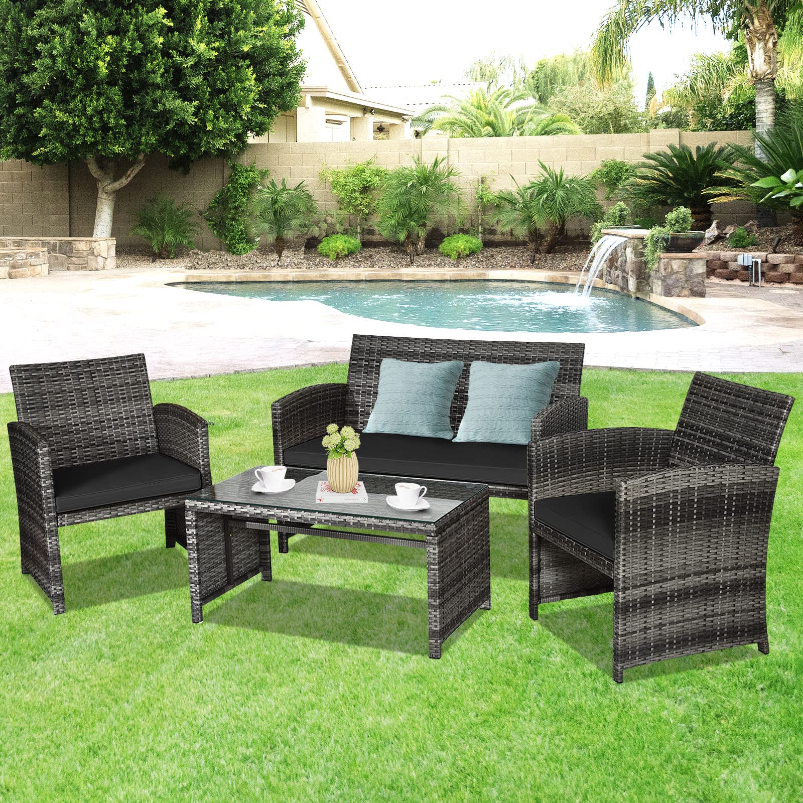 Giantex 4 Pc Rattan Patio Furniture Garden Lawn Sofa Cushioned Seat Mix Gray Wicker Conversation Sets