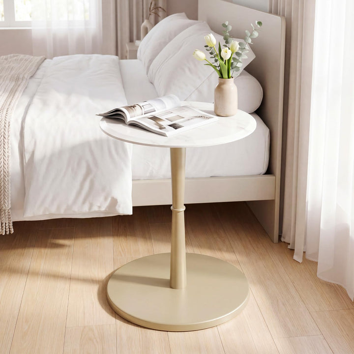 Giantex Round Marble Side Table w/Stone Finish &amp; Wooden Pedestal (1/2)