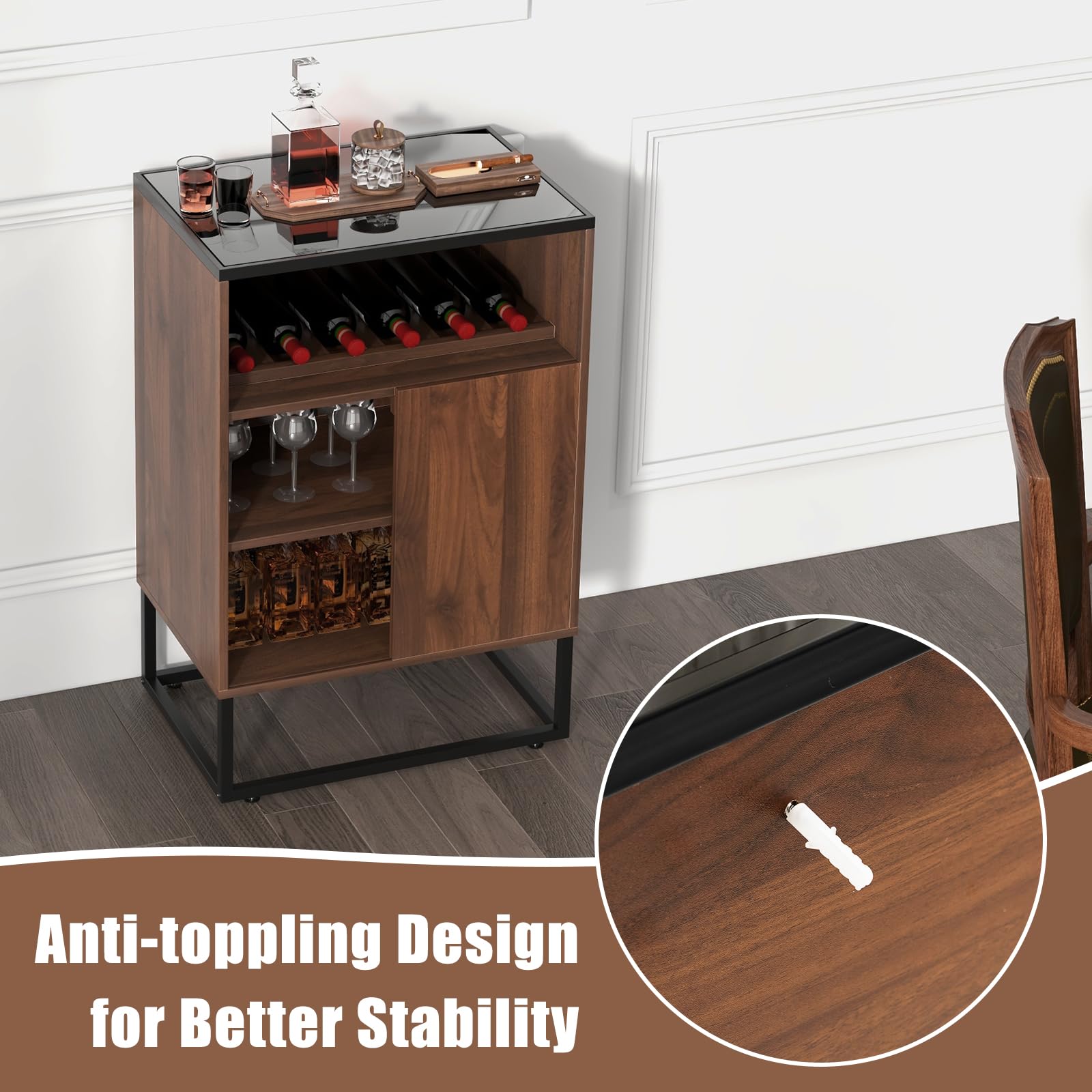 Giantex Wine Bar Cabinet, Small Sideboard Buffet Cabinet with Tempered Glass Top, Adjustable Feet & Shelf, Sliding Door