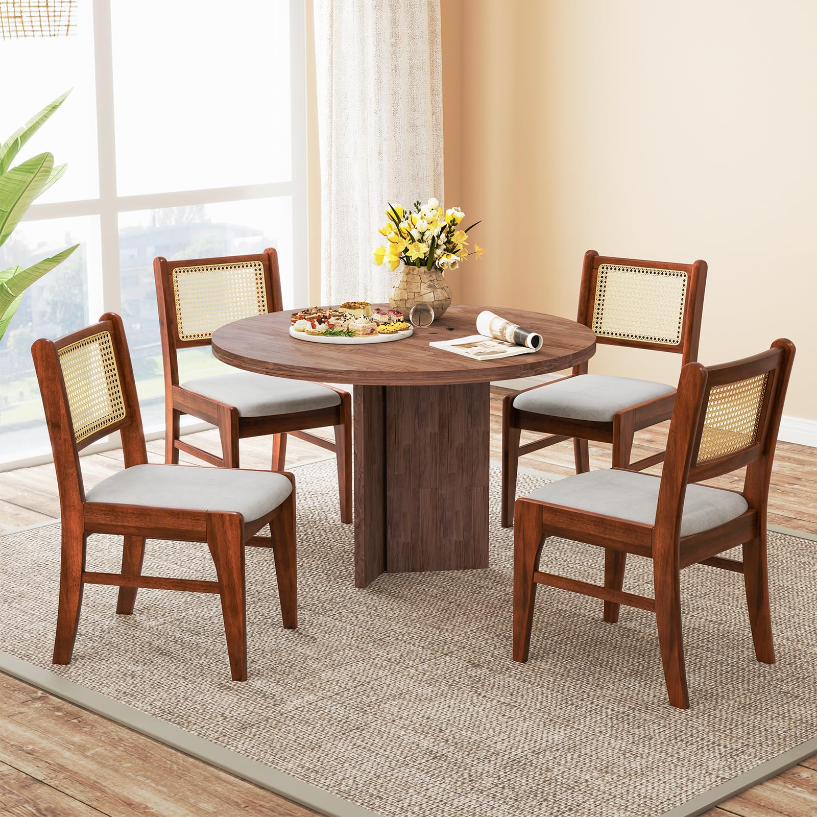 Giantex Rattan Dining Chairs Set of 2/4, Wooden Kitchen Chairs w/Cane Back, Rubber Wood Frame