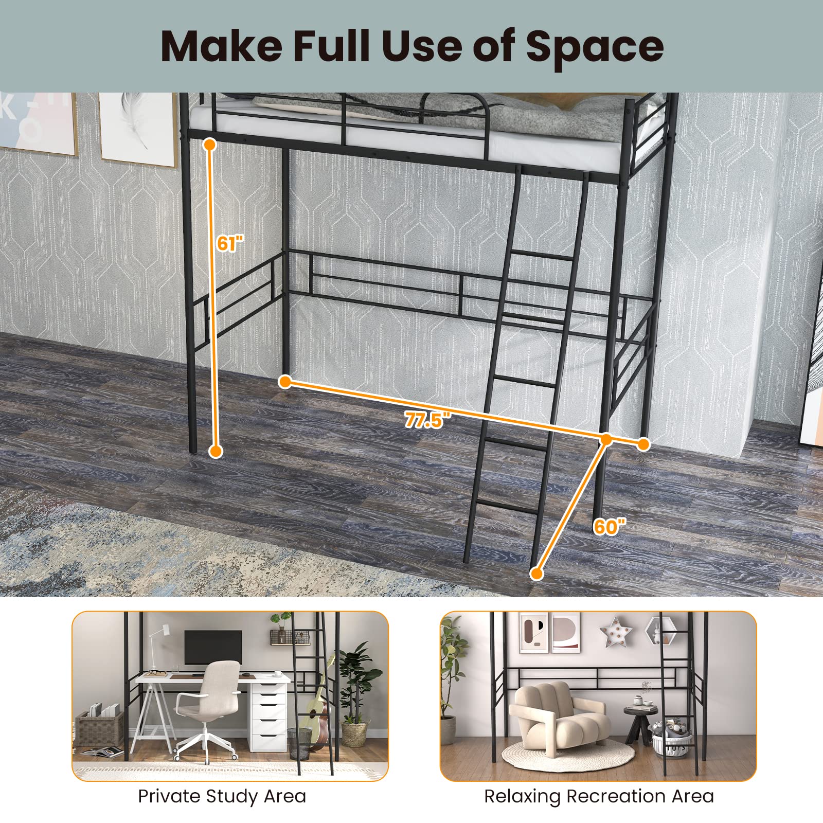 Metal Loft Bed Twin Size - Giantex