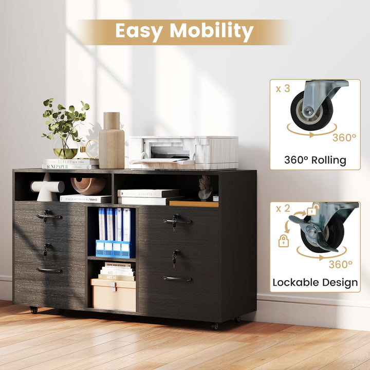 Giantex 4-Drawer Lateral File Cabinet with Lock & 5 Rolling Wheels (2 Lockable)