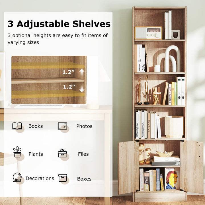 Giantex 6-Tier Bookshelf with Double Doors, 71" Tall Bookcase w/ 4 Open Cubes & 3 Adjustable Shelves