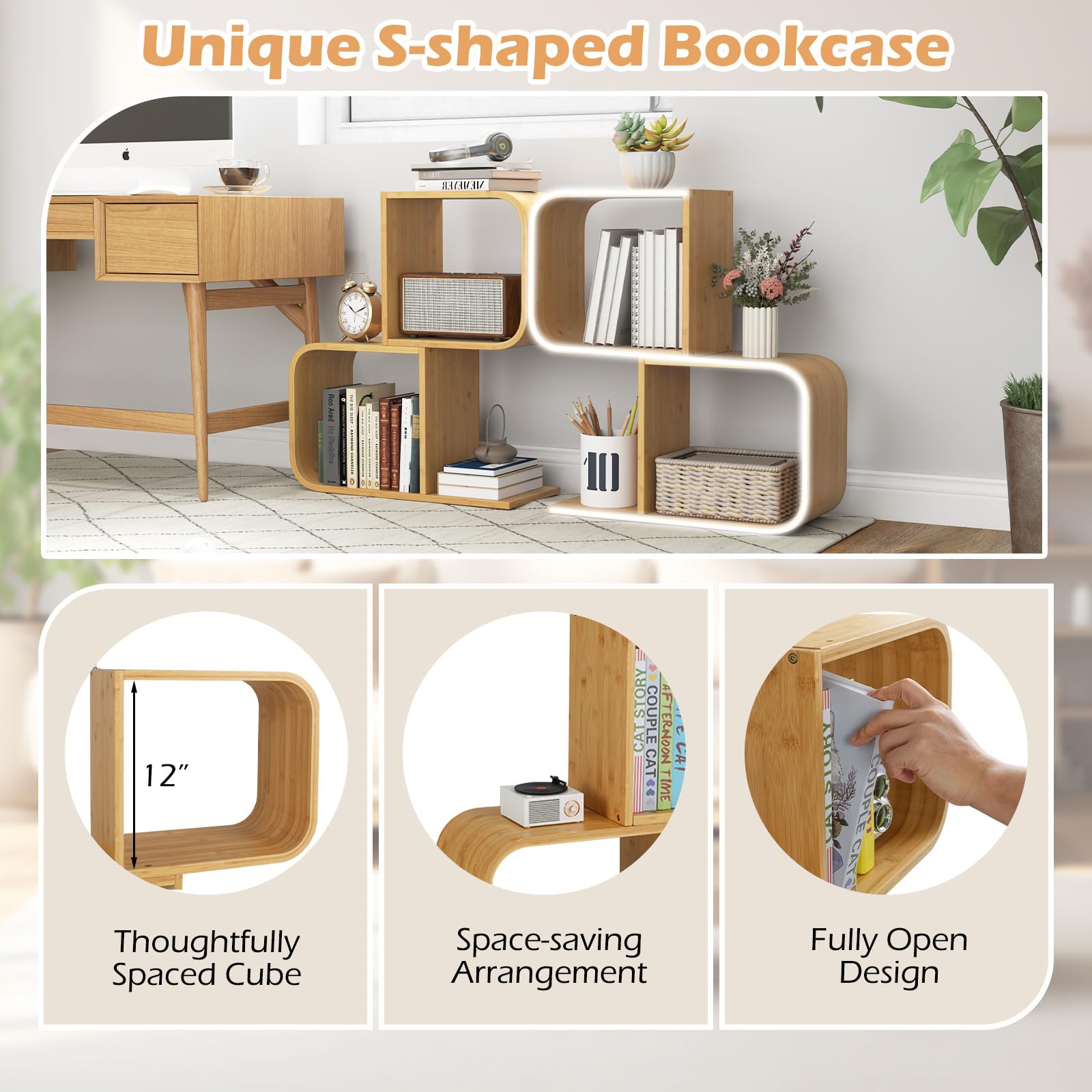 Giantex S-Shaped Bookcase, 2-Tier Bamboo Bookshelf with 2 Open Cubes, Geometric Corner Display Shelf