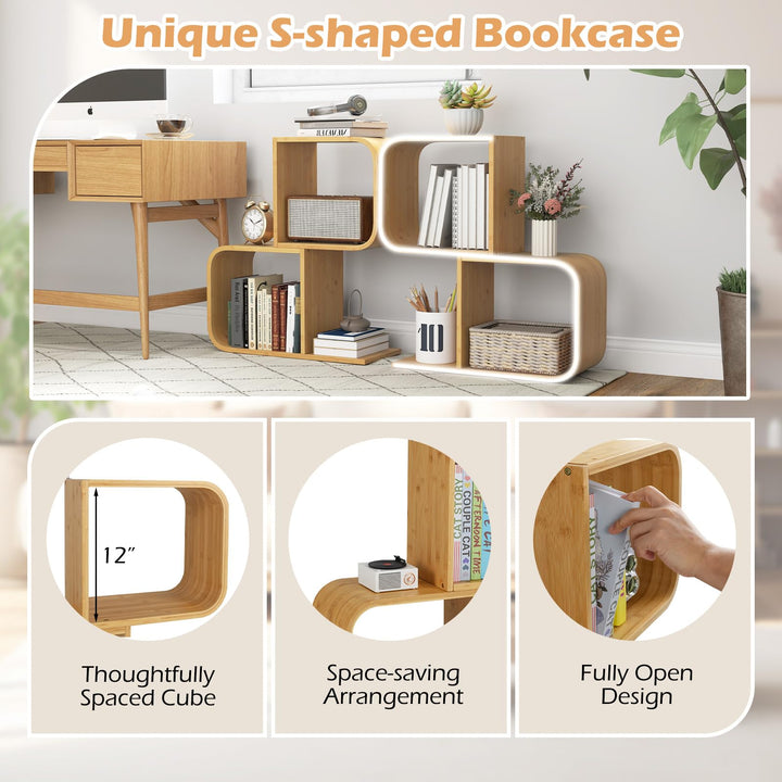 Giantex S-Shaped Bookcase, 2-Tier Bamboo Bookshelf with 2 Open Cubes, Geometric Corner Display Shelf