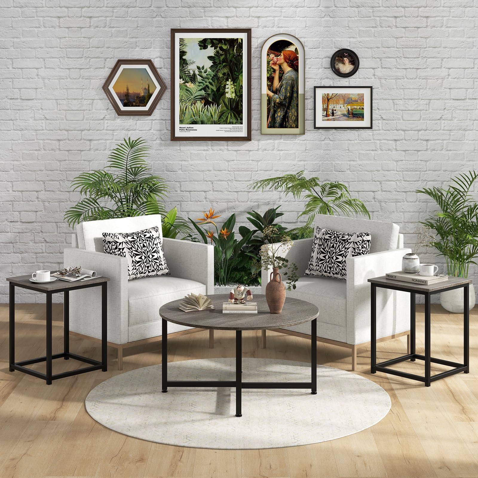 Giantex Round Nesting Table Set of 3, Farmhouse Coffee Table w/2 End Tables, Sturdy Metal Frame (Black Oak)