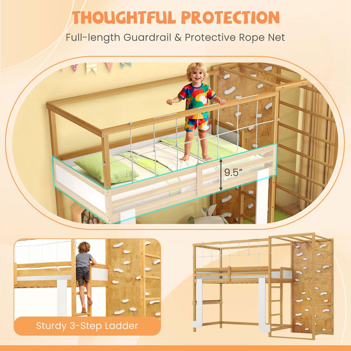 Giantex Twin Bunk Bed with Jungle Gym Wooden Loft Bed with Climbing Ladder