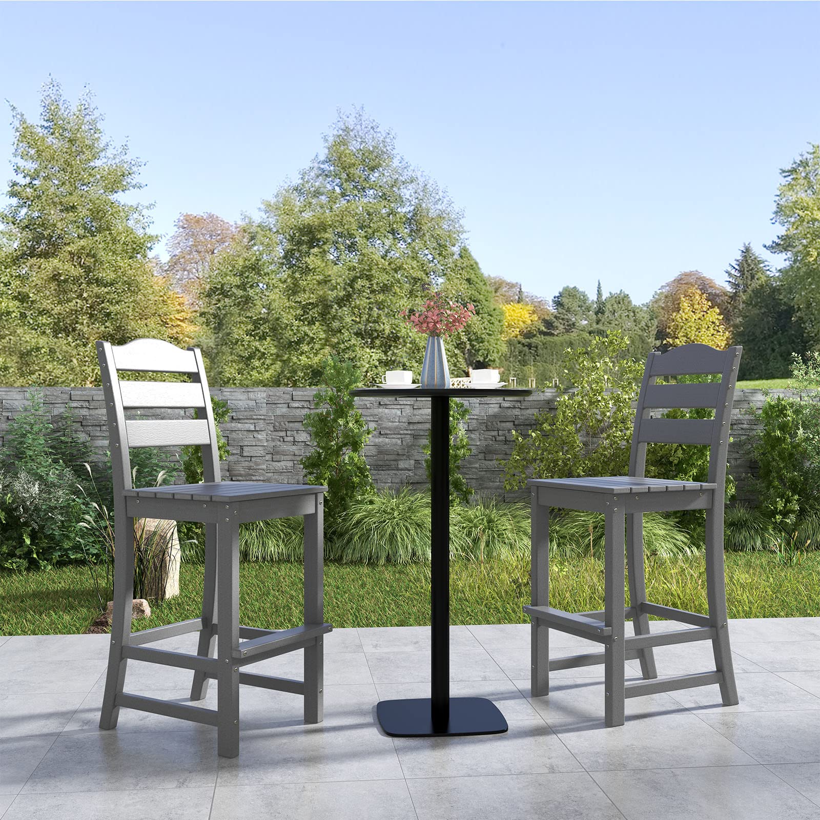 Giantex Outdoor HDPE Bar Stool, Patio Tall Bar Chair with Backrest and Footrest, 30 Inches Counter Height Barstools