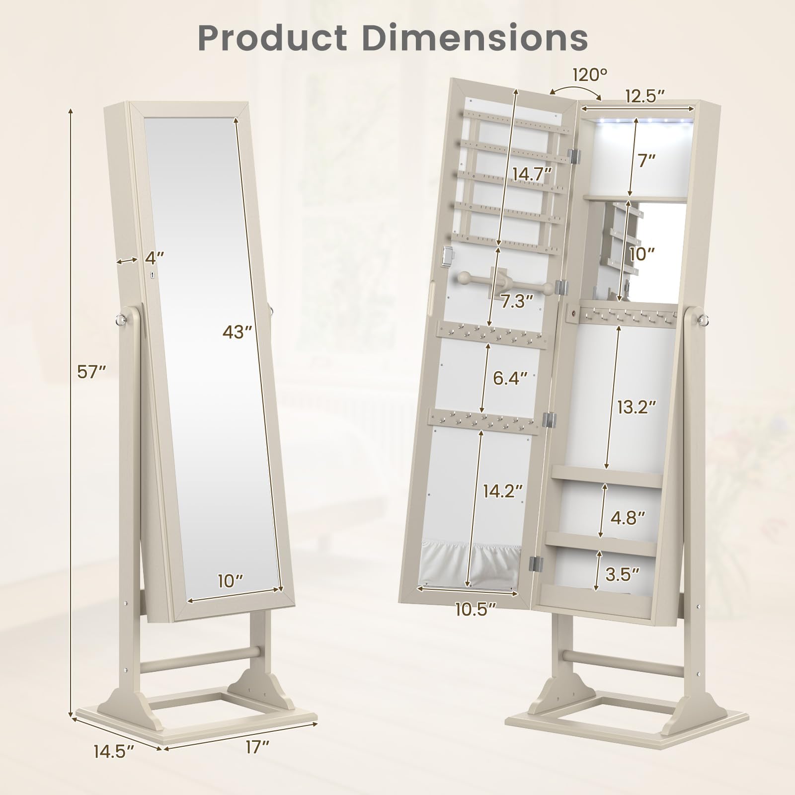 CHARMAID Jewelry Armoire with Full Length Mirror, Lockable Jewelry Cabinet with Large Jewelry Storage, 6 LED Lights, Inner Makeup Mirror