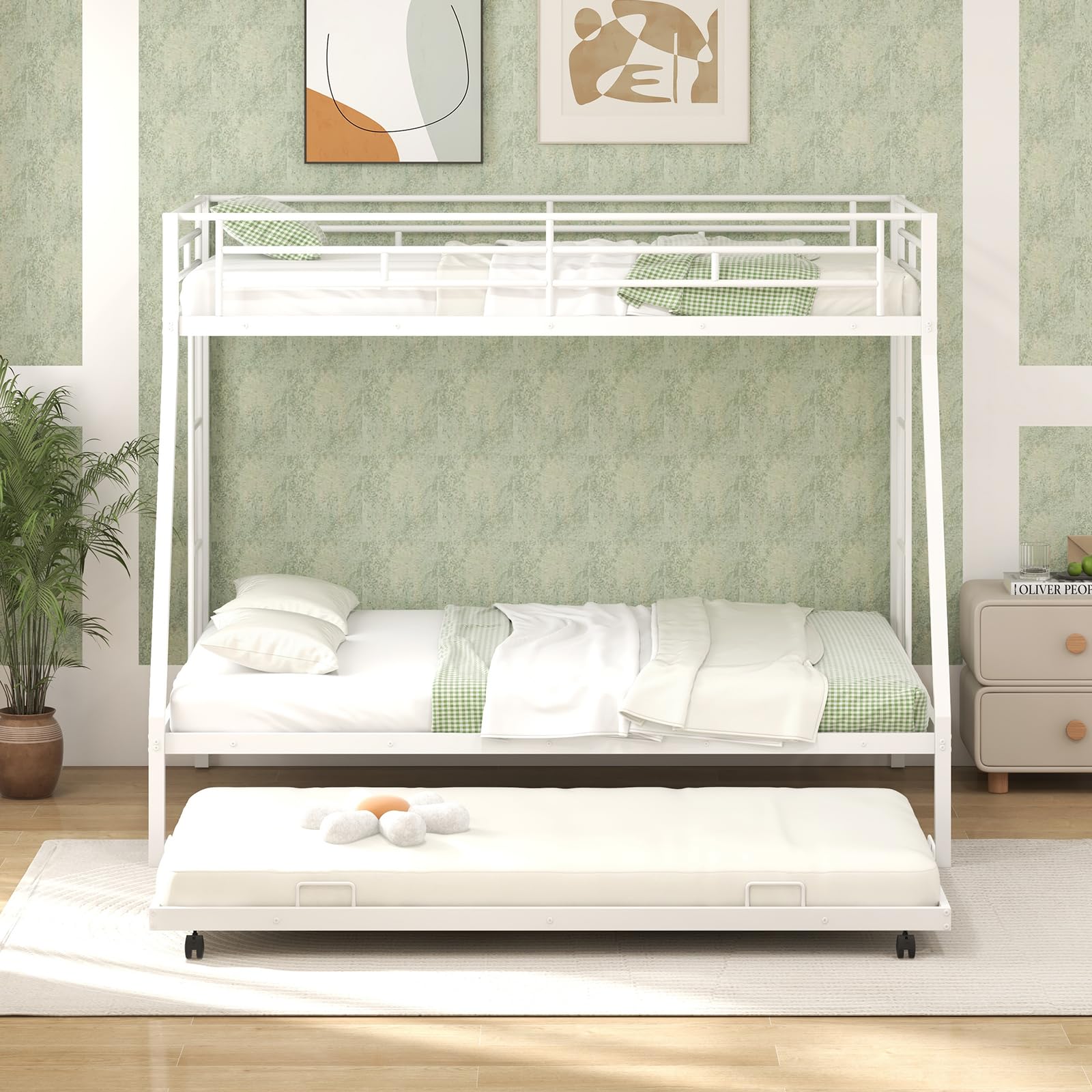 Giantex Twin Over Full Bunk Bed with Trundle, Heavy-Duty Metal Triple Bunk Beds