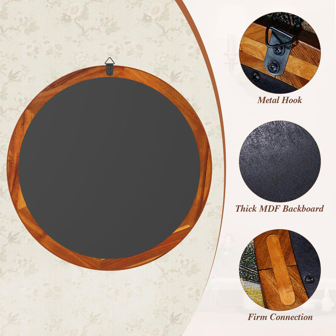 Farmhouse Wall Mirror Round Mirror with Solid Acacia Wood Frame