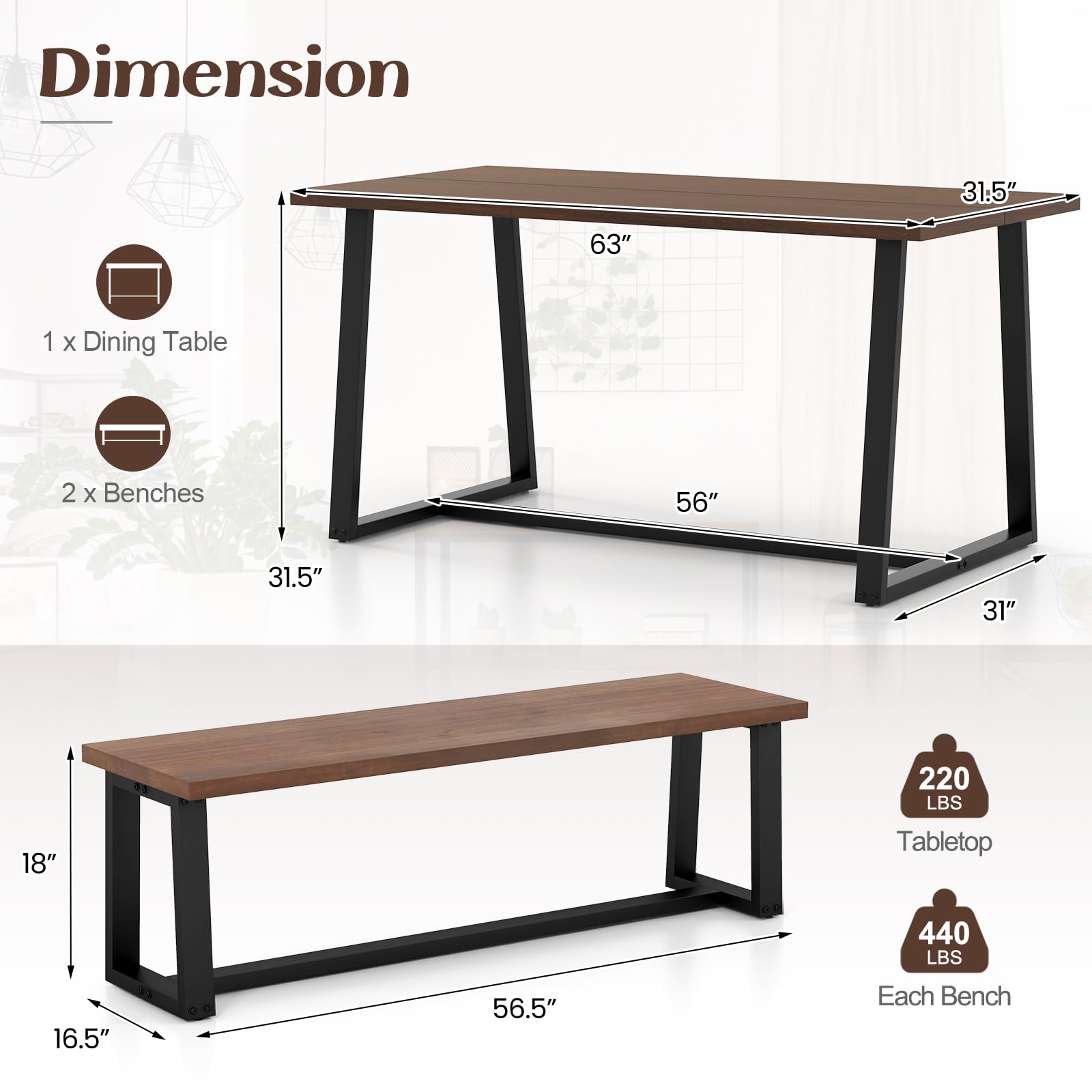 Giantex Dining Table Set for 4, 63” Table and 56.5” Benches Set for 4-6 People with Metal Frame