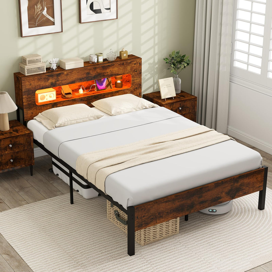 Giantex Full Size Bed Frame with LED Lights & Charging Station
