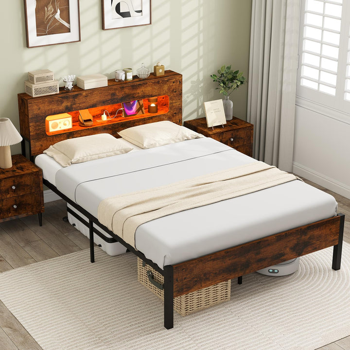 Giantex Full Size Bed Frame with LED Lights & Charging Station