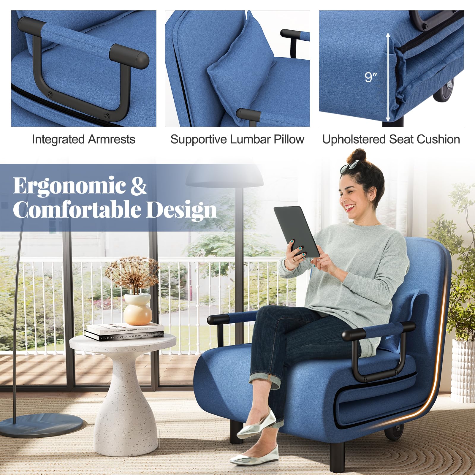 Giantex Convertible Sofa Bed, 3-in-1 Folding Sleeper Chair with 5-Position Adjustable Backrest, Wheels, 2 Legs