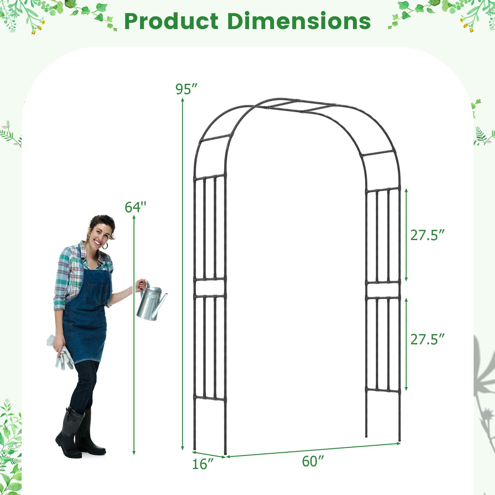 Giantex Garden Arch Trellis, 60''W x 95''H Metal Arbor with Corrugated PE-Coated Steel Tubes for Climbing Plants Roses Ivy