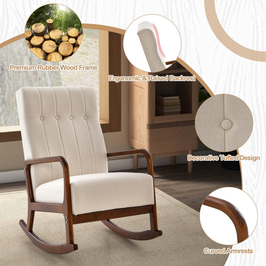 Giantex Rocking Chair with Ottoman, Upholstered Rocker Chair with Solid Rubber Wood Frame