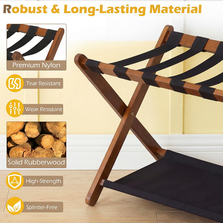 Giantex Folding Luggage Rack | Solid Rubber Wood Suitcase Stand with Storage Shelves