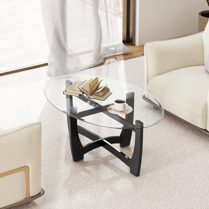 Giantex Glass Coffee Table, 48" Oval Accent Tea Table with Tempered Glass Top & Solid Wood Structure