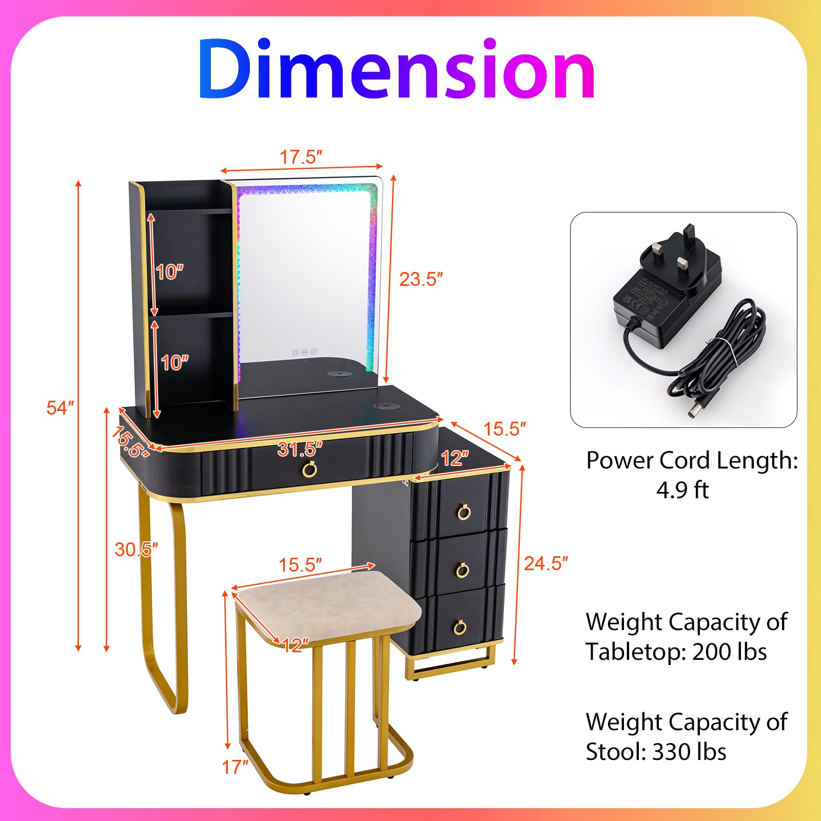 CHARMAID RBG LED Makeup Vanity Table, Colorful Lighted Mirror, 7 Dynamic & 7 Static Modes, 3-Drawer Chest