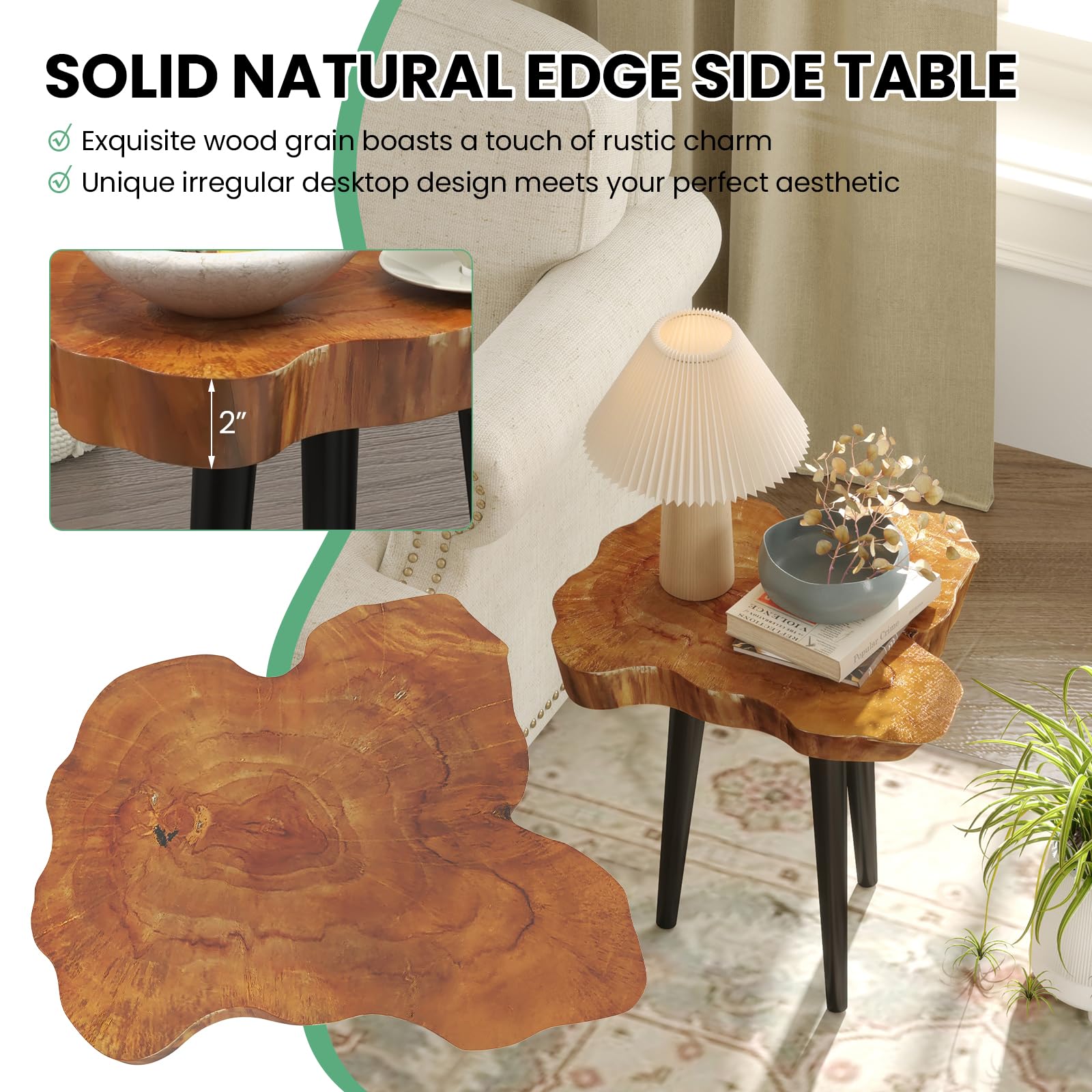 Giantex Teak Wood Outdoor Side Table - 18” End Table with Solid Live Edge, Irregular Tabletop, Mahogany Tapered Legs
