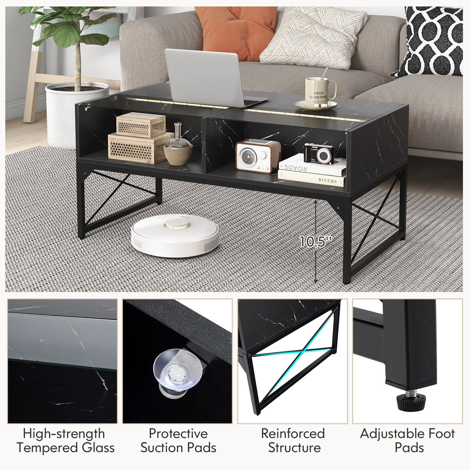 Giantex LED Coffee Table, High Gloss Coffee Tables with 4 Storage Cubes